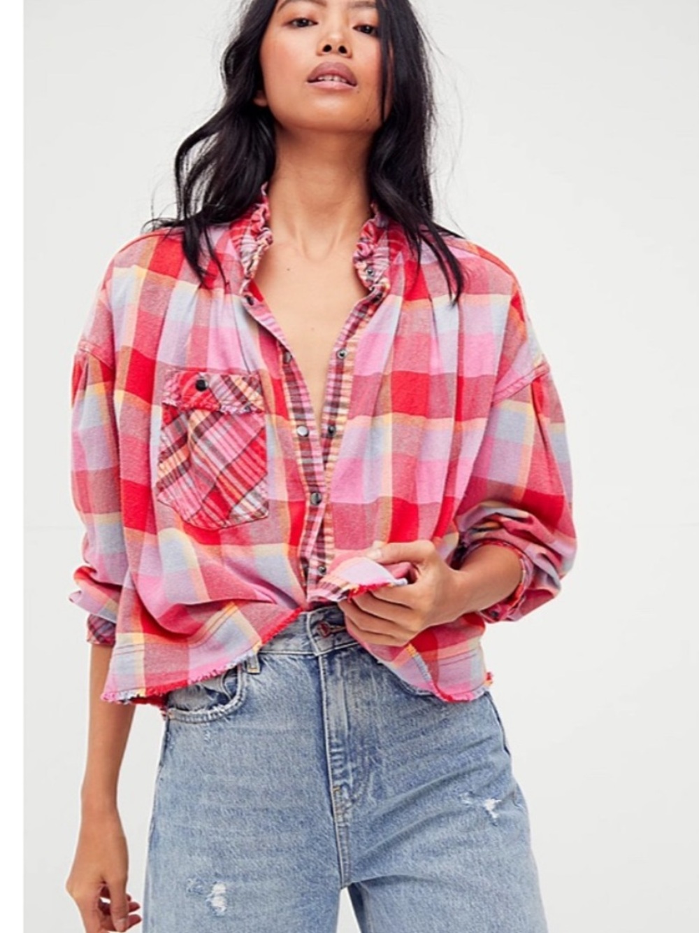 Free People Emily Crop Snap Button Multicolor Plaid Top pink ruffle small